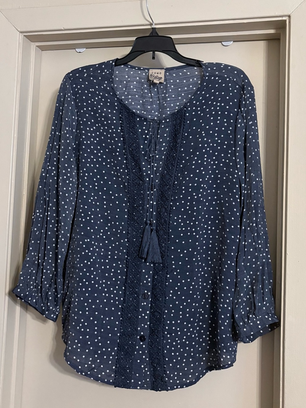 Como Vintage Slate-blue Polka Dot Tassel Peasant Blouse